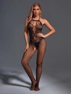 Christine Gebloemde Catsuit Met Open Kruis - Zwart -EasyToys Shop ccs016 blk 2